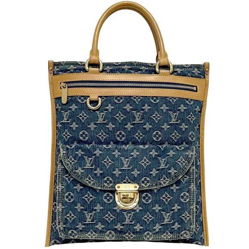 Louis Vuitton Flat Shopper Bag Blue Monogram Denim Tote Leather